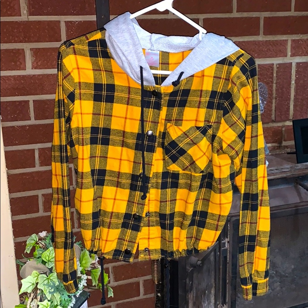 Yellow plaid button up hoodie shirt